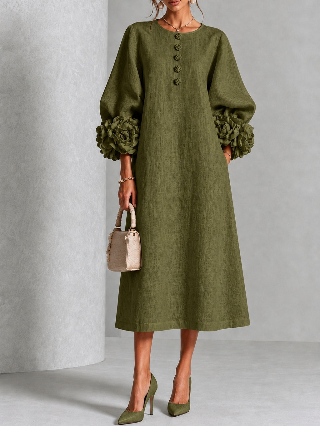 Philomène | Robe Midi en Mélange de Lin avec Manches Bouffantes en Rose, Vert Olive