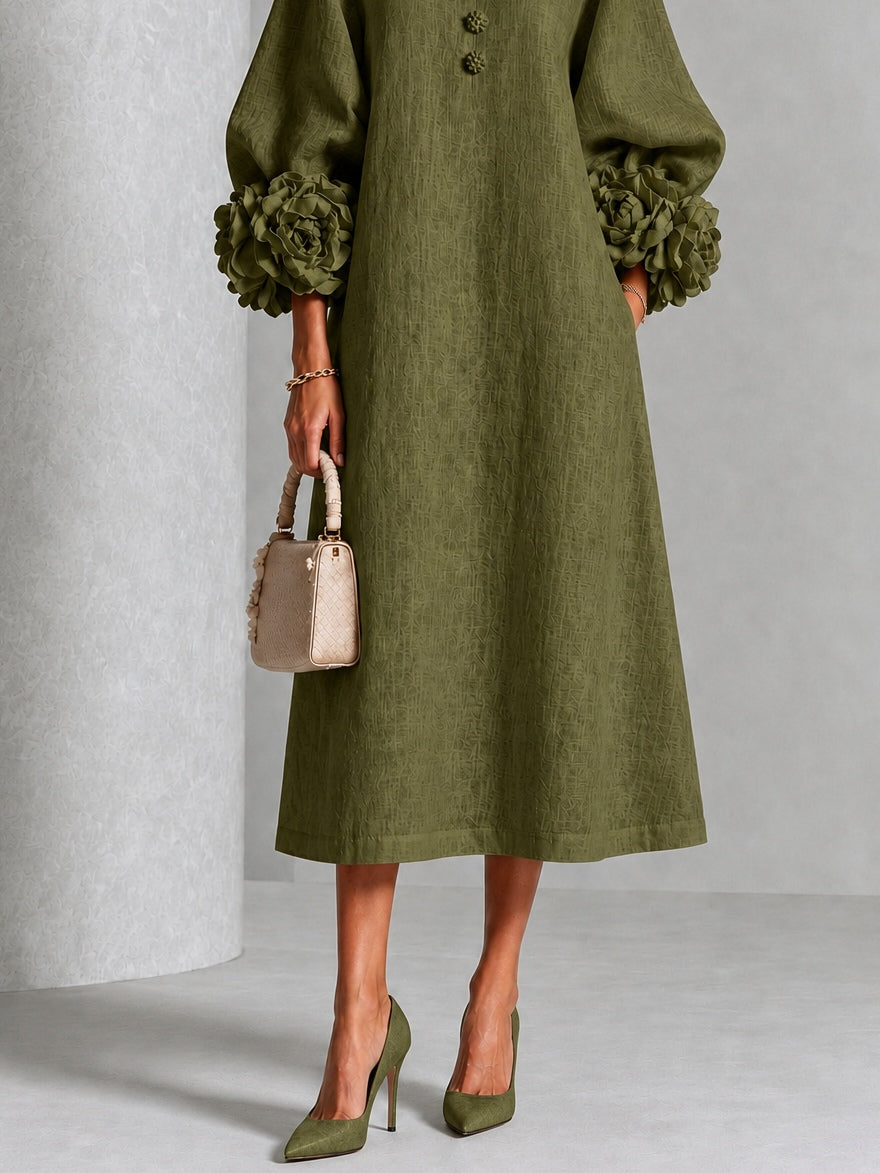 Philomène | Robe Midi en Mélange de Lin avec Manches Bouffantes en Rose, Vert Olive