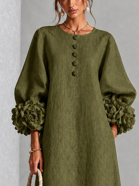Philomène | Robe Midi en Mélange de Lin avec Manches Bouffantes en Rose, Vert Olive
