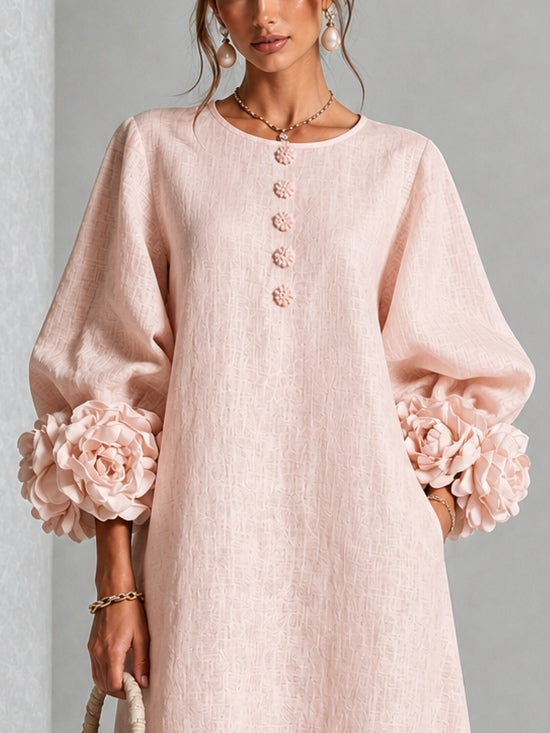 Blandine | Robe Midi en Mélange de Lin avec Manches à Nœud, Rose