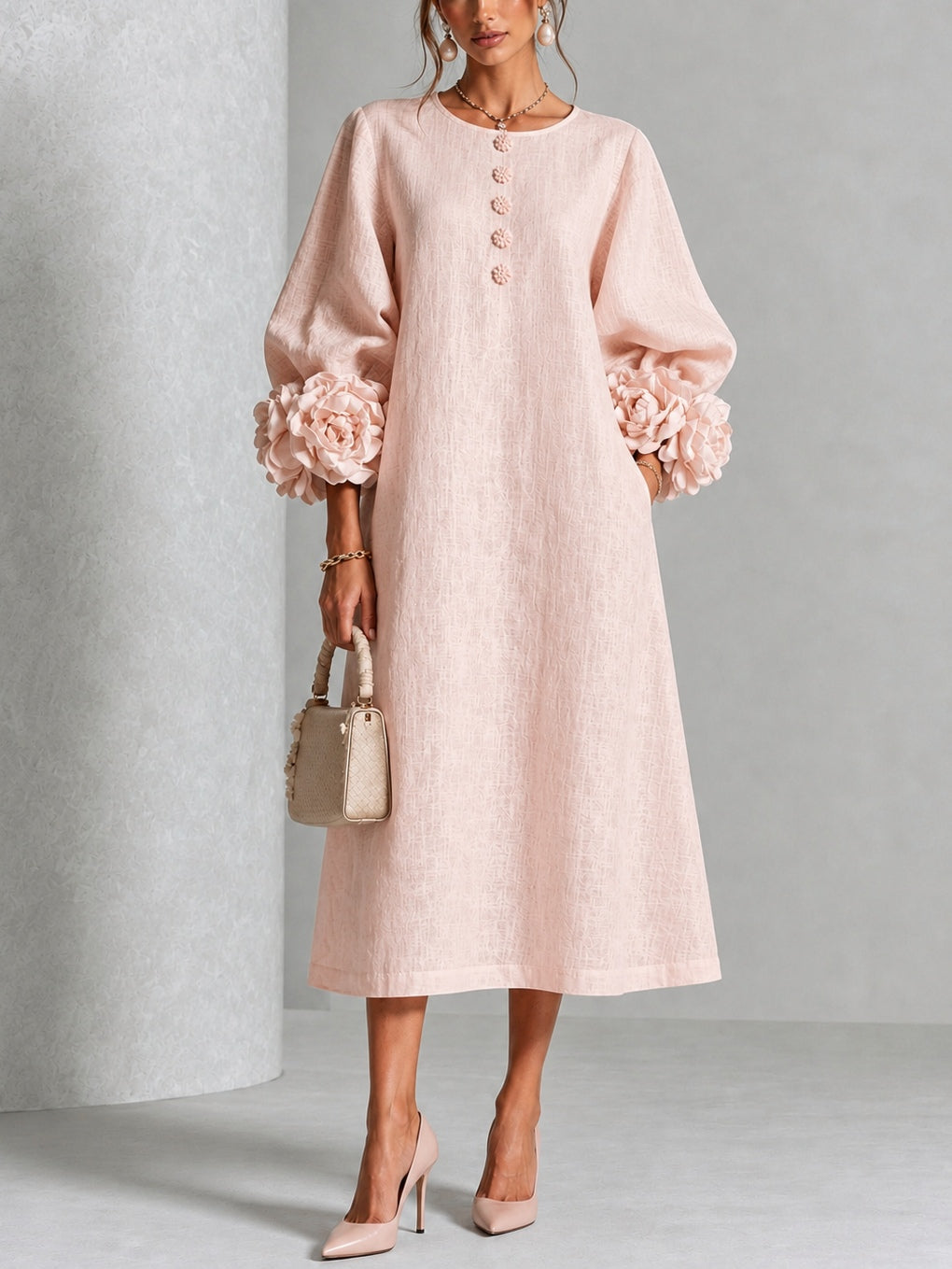 Blandine | Robe Midi en Mélange de Lin avec Manches à Nœud, Rose