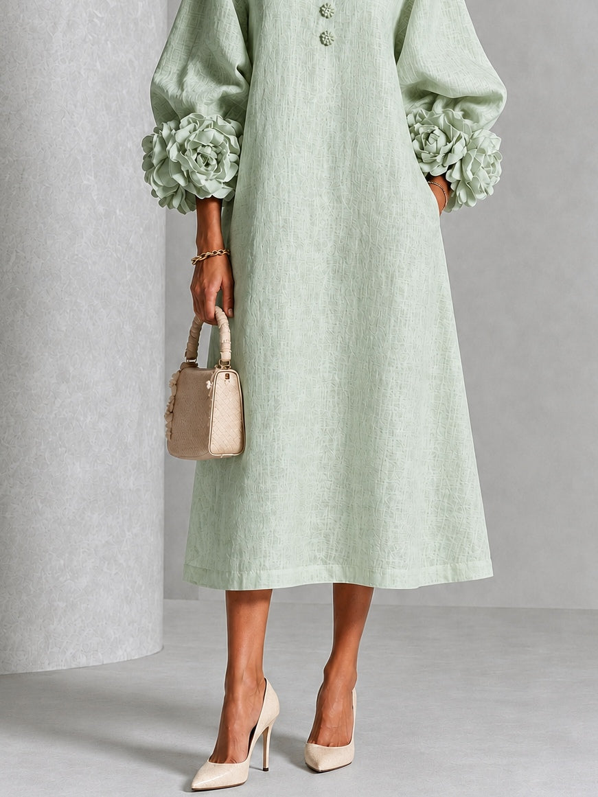 Alix | Robe Midi en Mélange de Lin avec Manches à Nœud, Vert Sauge