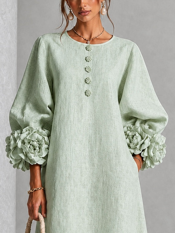 Alix | Robe Midi en Mélange de Lin avec Manches à Nœud, Vert Sauge