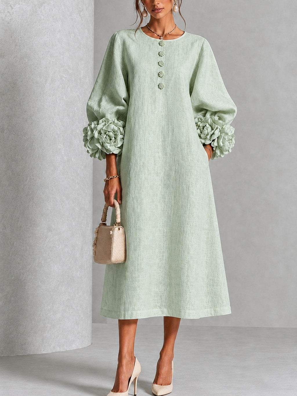 Alix | Robe Midi en Mélange de Lin avec Manches à Nœud, Vert Sauge