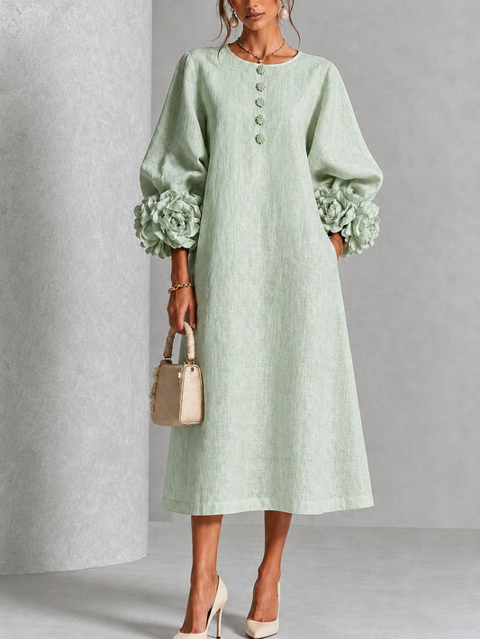 Alix | Robe Midi en Mélange de Lin avec Manches à Nœud, Vert Sauge