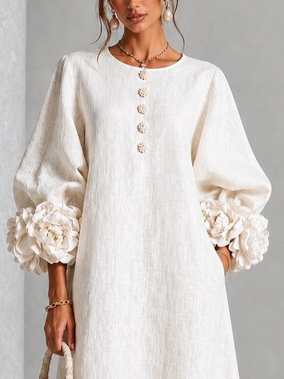 Morgane | Robe Midi en Mélange de Lin avec Manches Bouffantes, Blanche