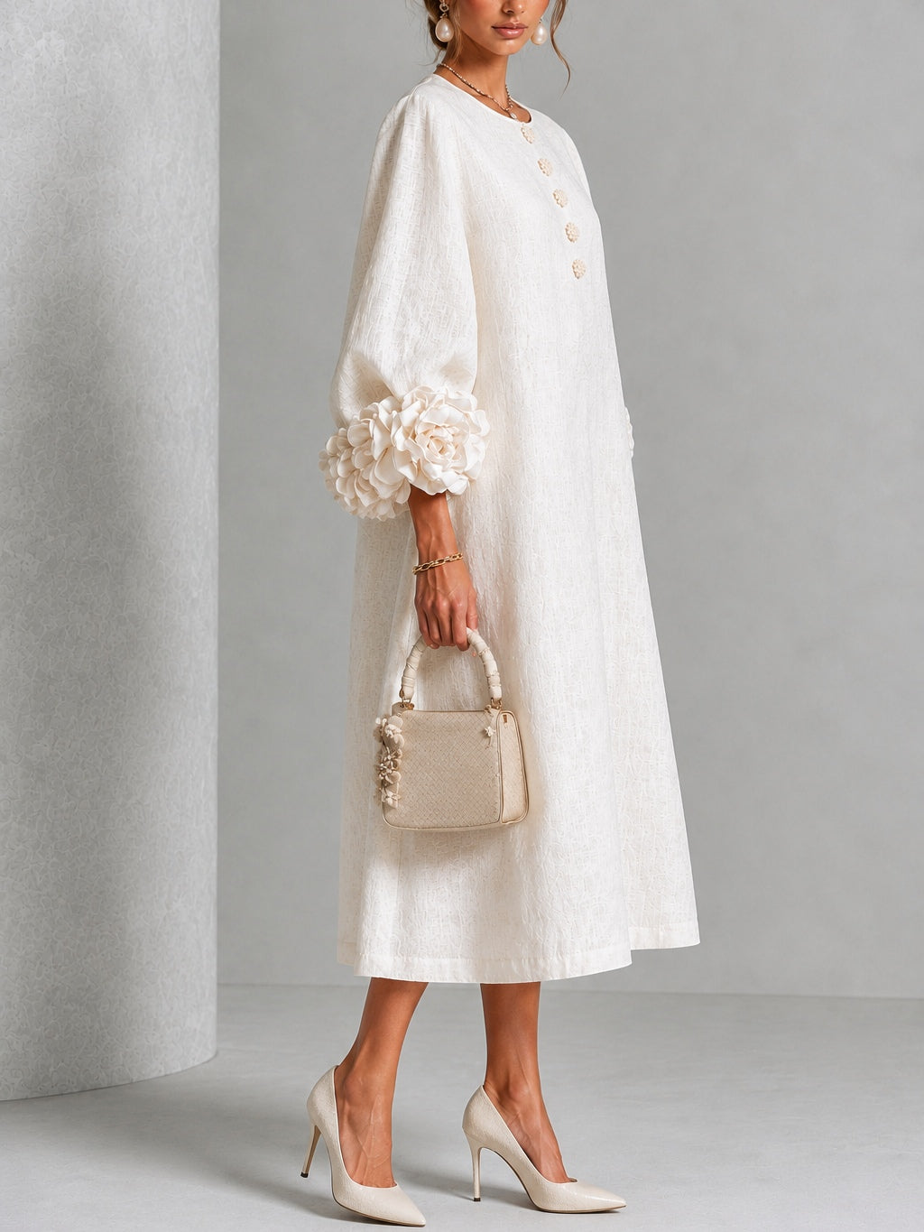 Morgane | Robe Midi en Mélange de Lin avec Manches Bouffantes, Blanche