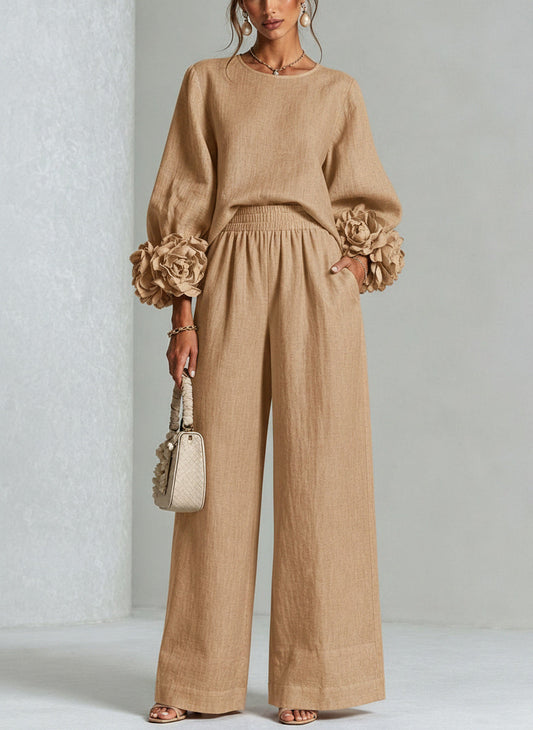 Adélaïde | Ensemble en Lin Mélangé avec Manches Bouffantes, Beige