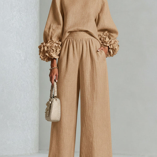 Adélaïde | Ensemble en Lin Mélangé avec Manches Bouffantes, Beige