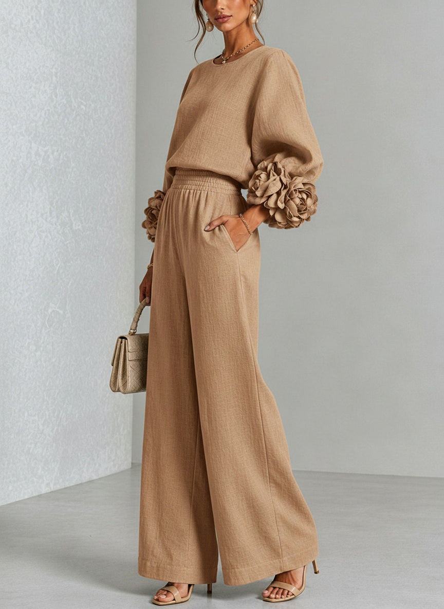 Adélaïde | Ensemble en Lin Mélangé avec Manches Bouffantes, Beige