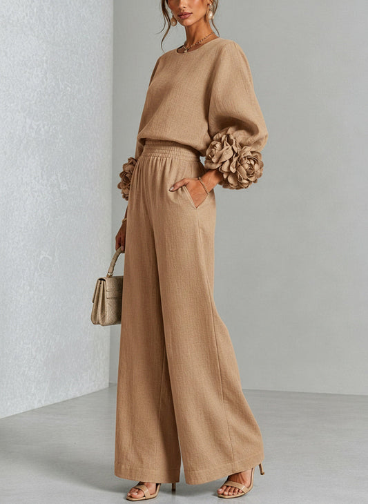 Adélaïde | Ensemble en Lin Mélangé avec Manches Bouffantes, Beige