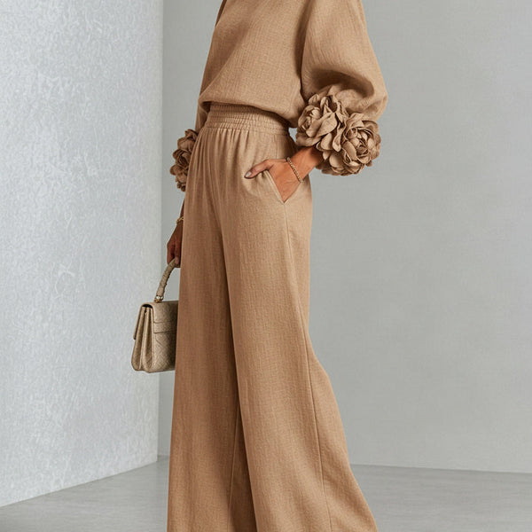 Adélaïde | Ensemble en Lin Mélangé avec Manches Bouffantes, Beige