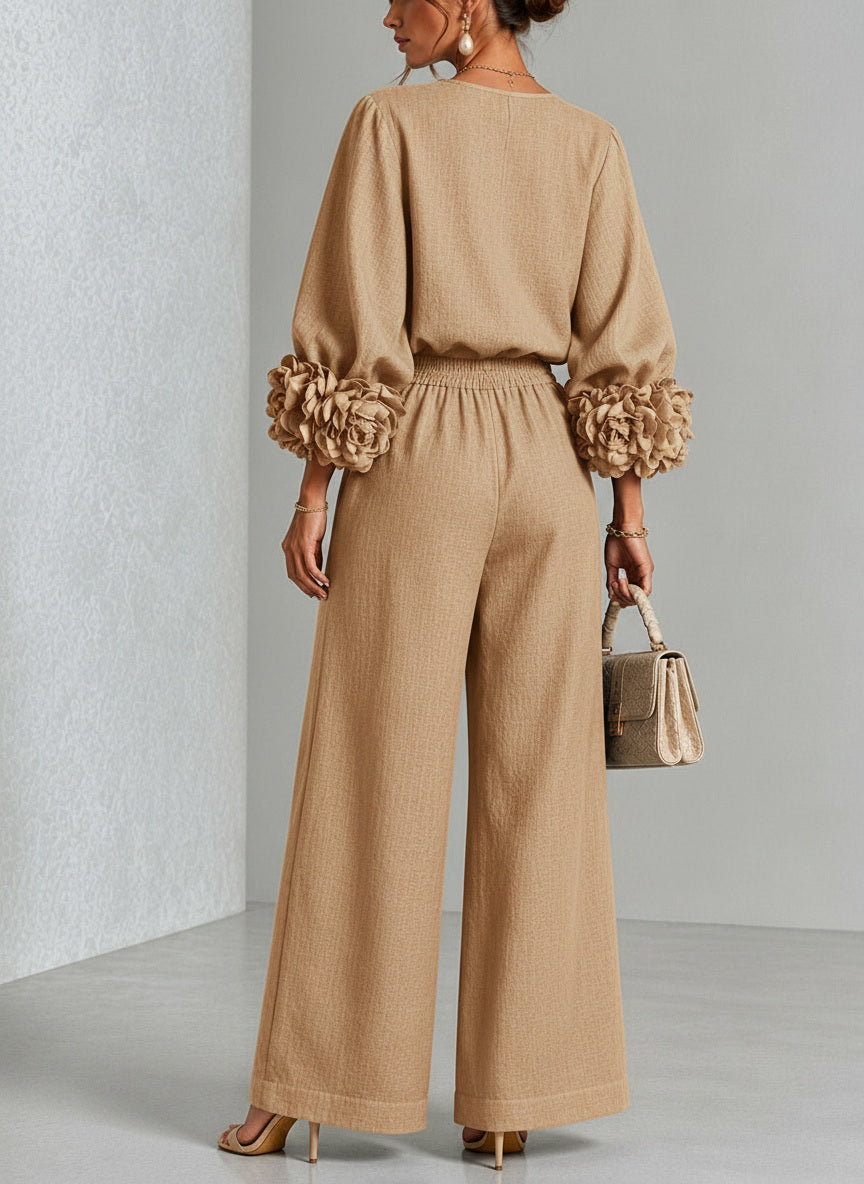 Adélaïde | Ensemble en Lin Mélangé avec Manches Bouffantes, Beige