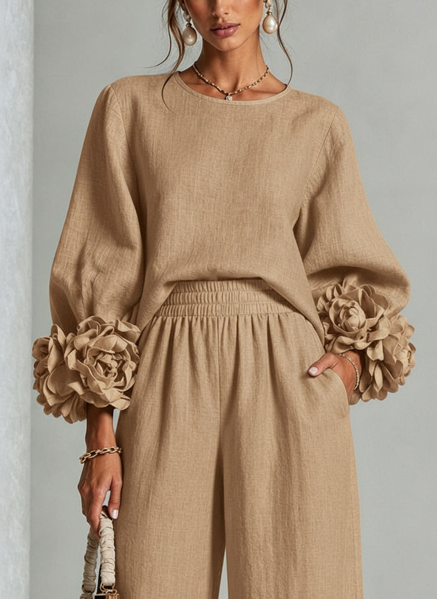 Adélaïde | Ensemble en Lin Mélangé avec Manches Bouffantes, Beige