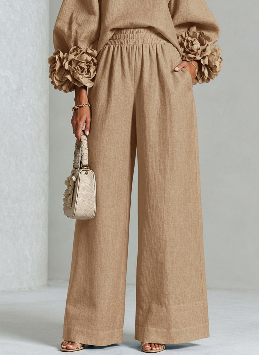 Adélaïde | Ensemble en Lin Mélangé avec Manches Bouffantes, Beige