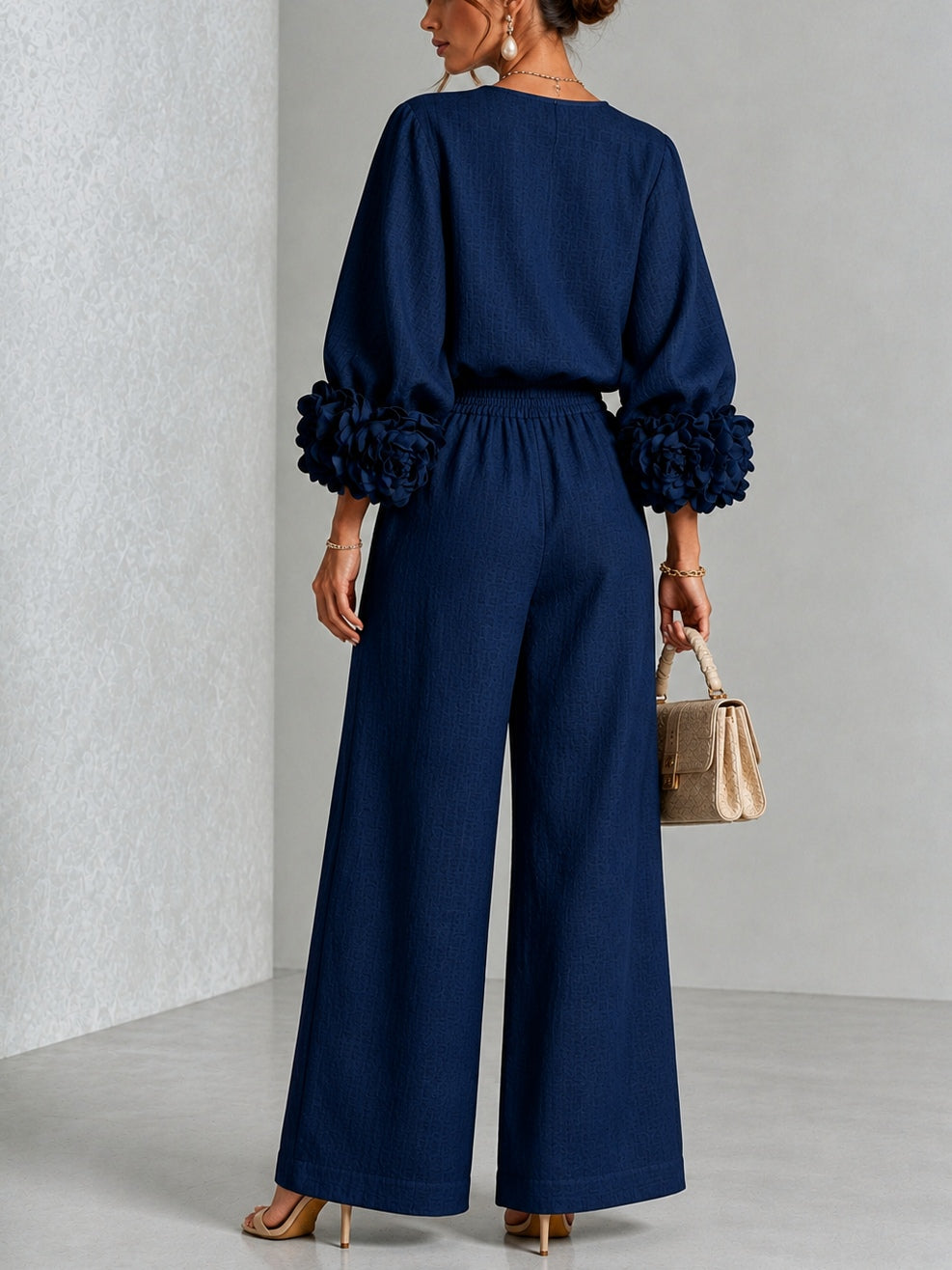 Sarah | Ensemble en Mélange de Lin avec Manches à Nœud, Bleu Marine