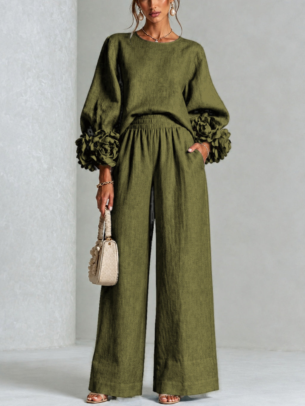 Aude | Ensemble en Mélange de Lin avec Manches Bouffantes en Rose, Vert Olive