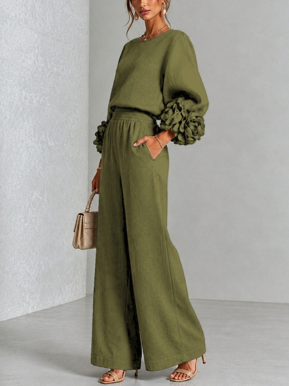 Aude | Ensemble en Mélange de Lin avec Manches Bouffantes en Rose, Vert Olive