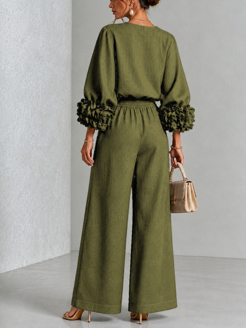 Aude | Ensemble en Mélange de Lin avec Manches Bouffantes en Rose, Vert Olive