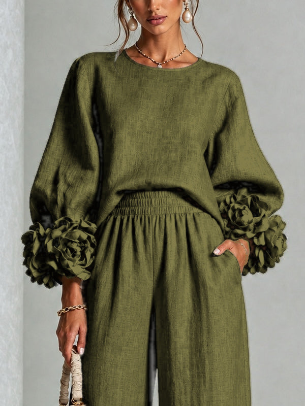 Aude | Ensemble en Mélange de Lin avec Manches Bouffantes en Rose, Vert Olive
