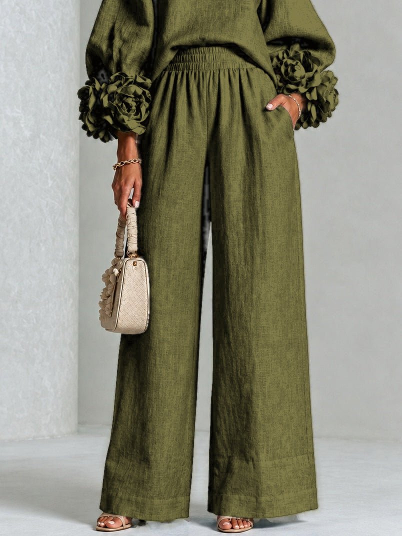 Aude | Ensemble en Mélange de Lin avec Manches Bouffantes en Rose, Vert Olive