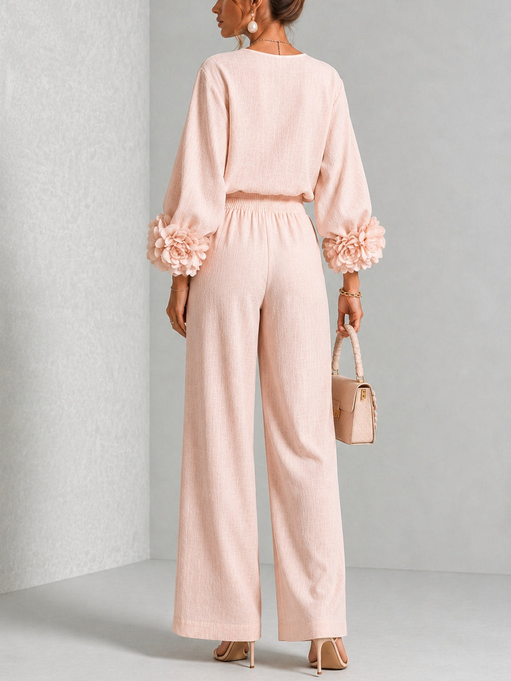 Séverine - Ensemble deux pièces : haut rose à manches fleuries spectaculaires et pantalon large