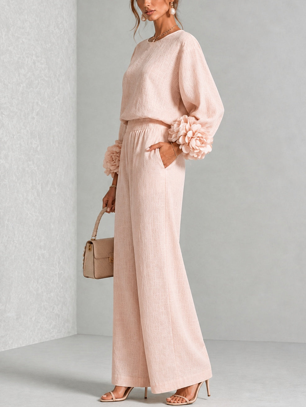 Maïwenn | Ensemble en Lin Mélangé avec Manches à Nœud, Rose