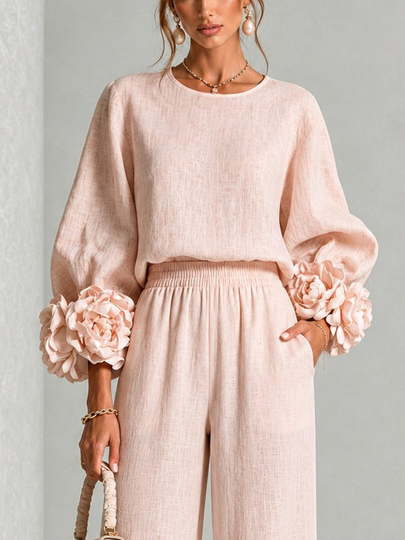Maïwenn | Ensemble en Lin Mélangé avec Manches à Nœud, Rose