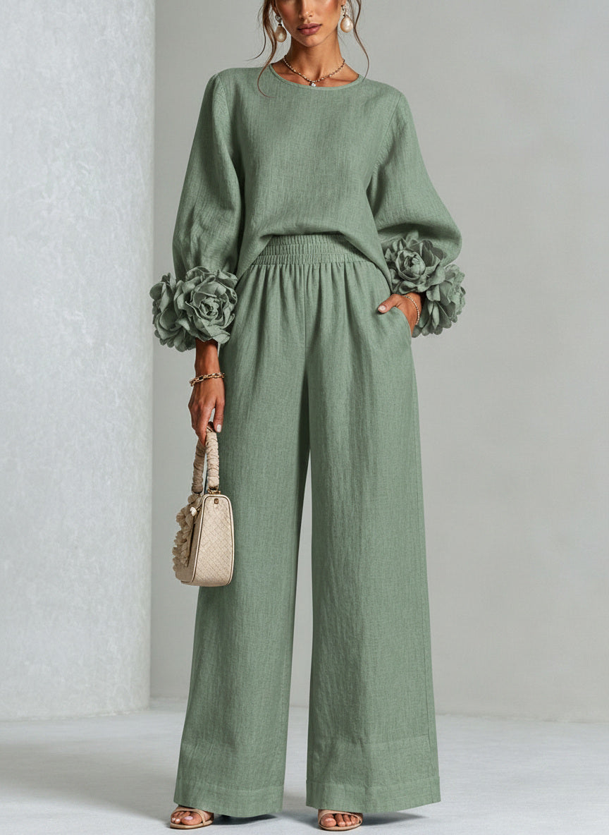 Pascale | Ensemble en Mélange de Lin avec Manches Bouffantes en Rose, Vert Sauge
