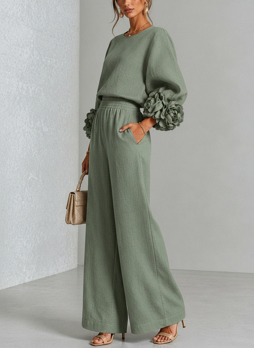 Pascale | Ensemble en Mélange de Lin avec Manches Bouffantes en Rose, Vert Sauge