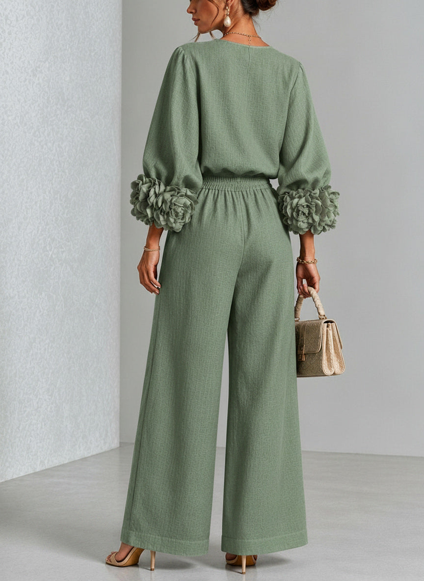 Pascale | Ensemble en Mélange de Lin avec Manches Bouffantes en Rose, Vert Sauge