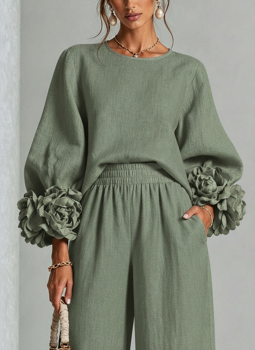 Pascale | Ensemble en Mélange de Lin avec Manches Bouffantes en Rose, Vert Sauge