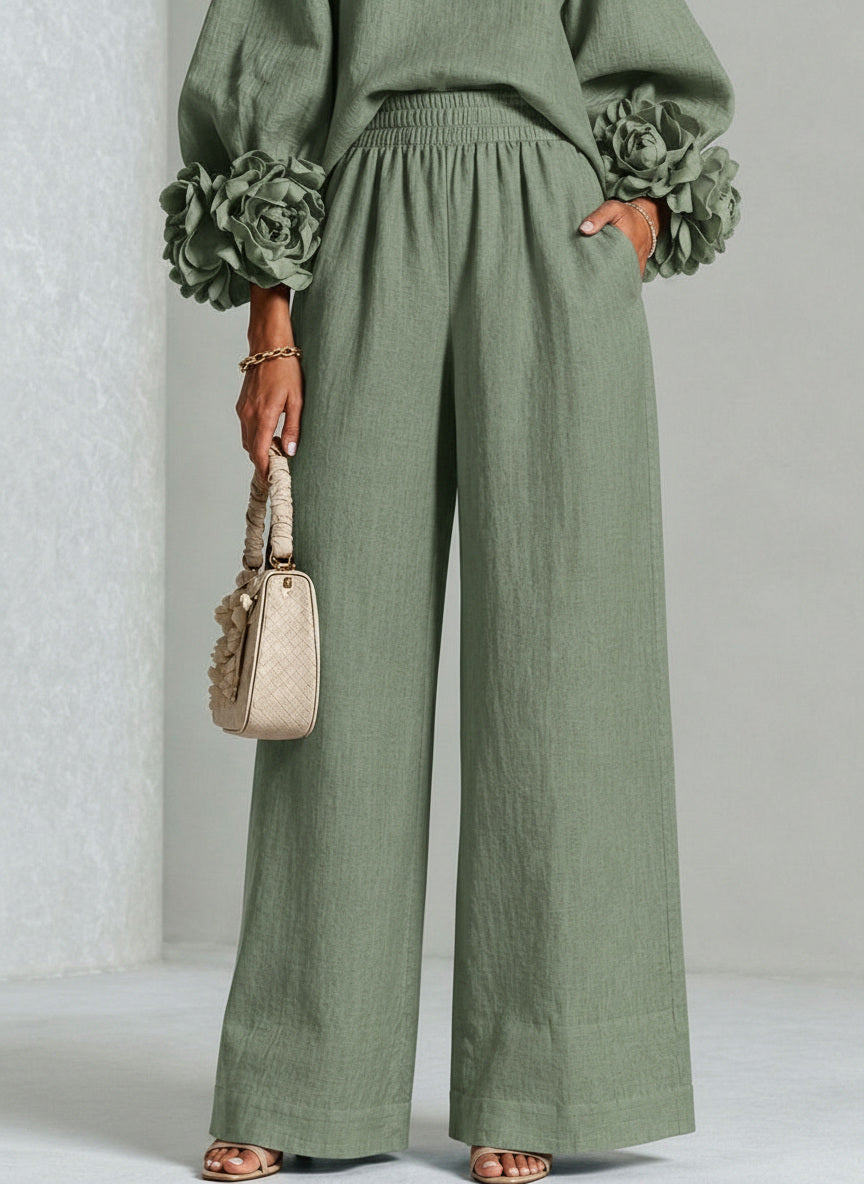Pascale | Ensemble en Mélange de Lin avec Manches Bouffantes en Rose, Vert Sauge