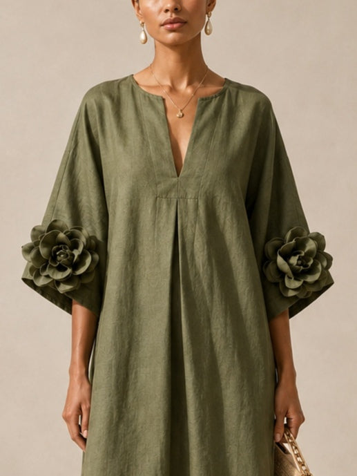 Ysée - Robe mi-longue col V vert olive à manches fleuries spectaculaires