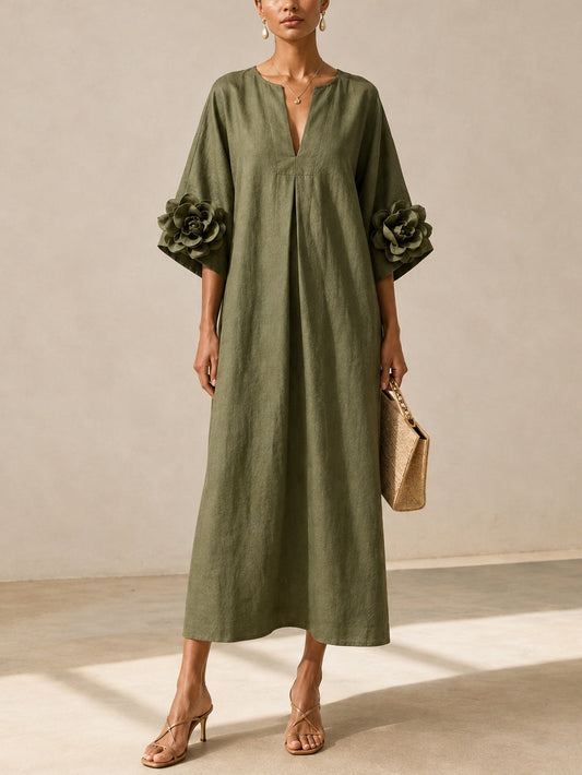 Ysée - Robe mi-longue col V vert olive à manches fleuries spectaculaires