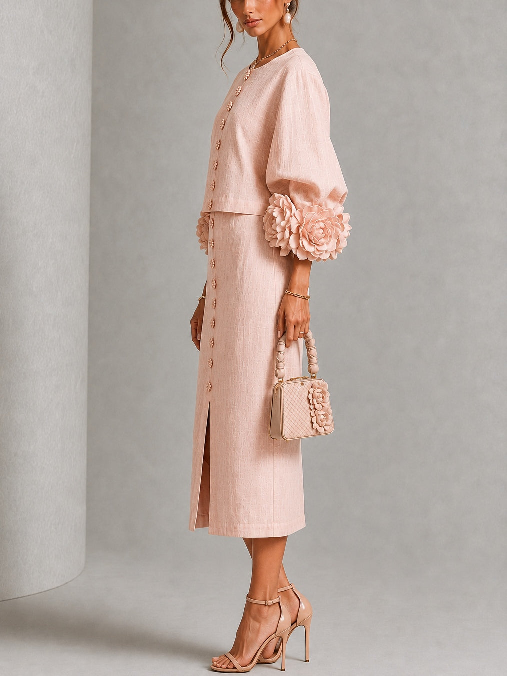 Renée - Ensemble deux pièces top et jupe midi à boutons floraux roses et manches fleuries spectaculaires