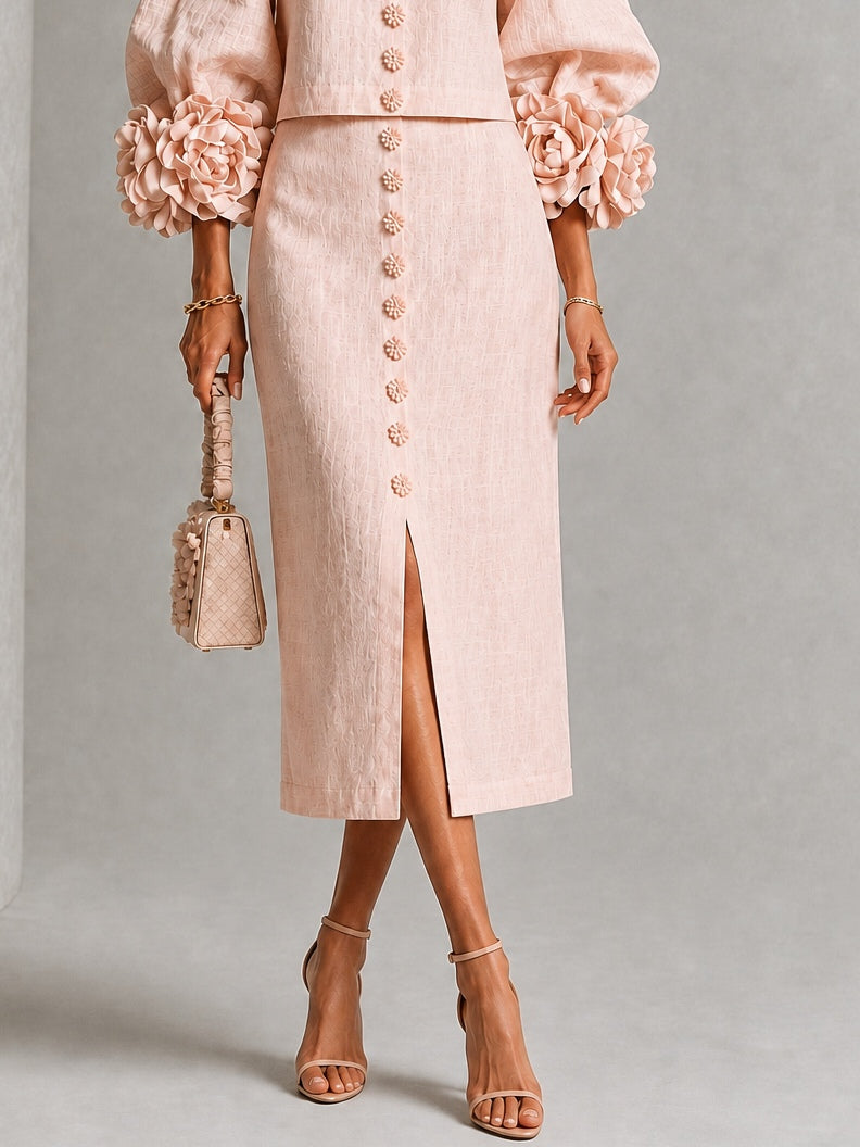 Renée - Ensemble deux pièces top et jupe midi à boutons floraux roses et manches fleuries spectaculaires