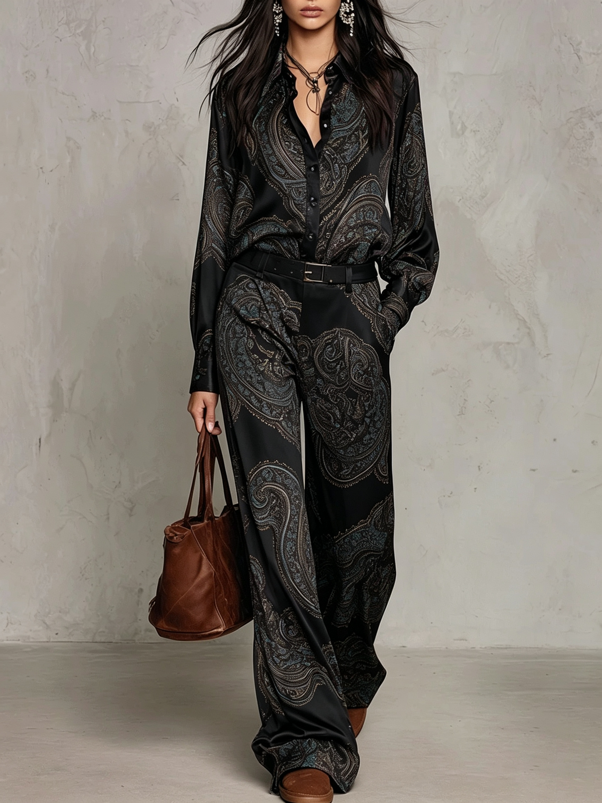 Inès | Ensemble Deux Pièces Chemise Satinée à Imprimé Cachemire et Pantalon Large avec Ceinture