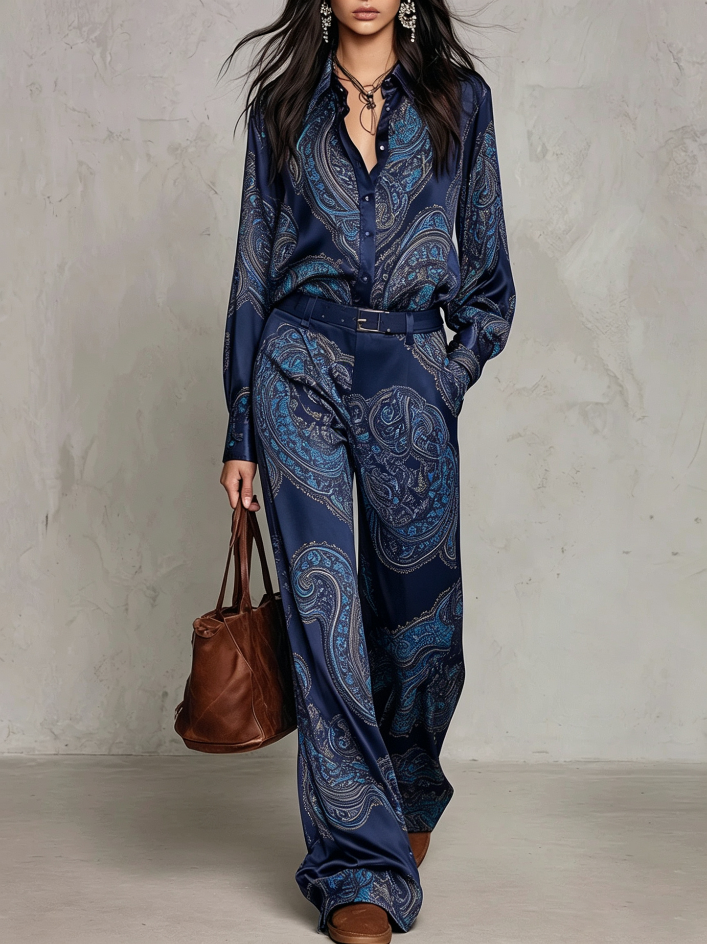 Inès | Ensemble Deux Pièces Chemise Satinée à Imprimé Cachemire et Pantalon Large avec Ceinture