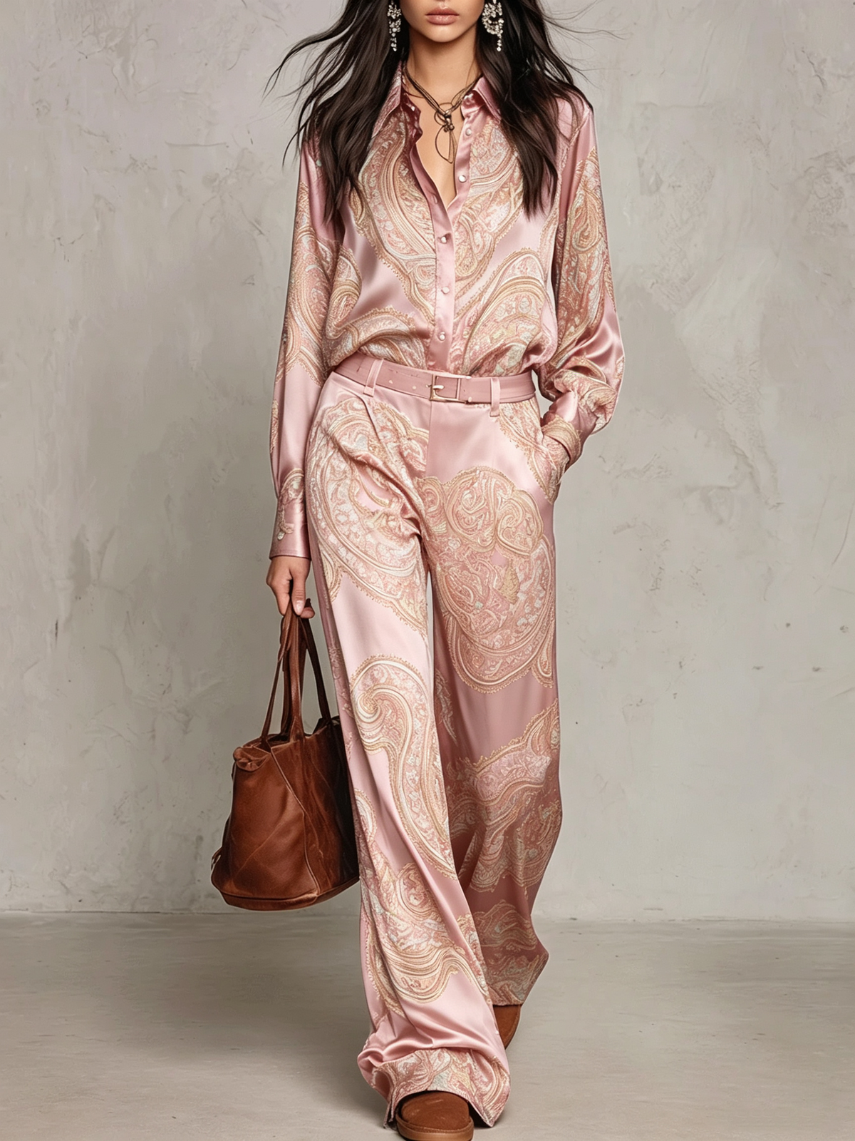 Inès | Ensemble Deux Pièces Chemise Satinée à Imprimé Cachemire et Pantalon Large avec Ceinture