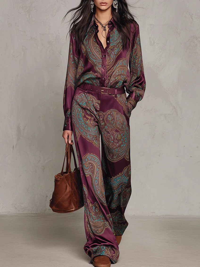 Inès | Ensemble Deux Pièces Chemise Satinée à Imprimé Cachemire et Pantalon Large avec Ceinture