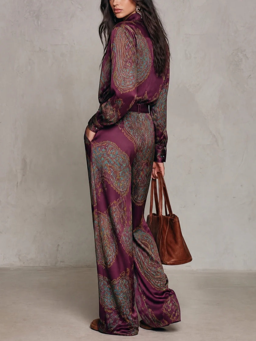 Inès | Ensemble Deux Pièces Chemise Satinée à Imprimé Cachemire et Pantalon Large avec Ceinture