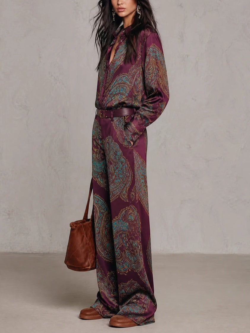 Inès | Ensemble Deux Pièces Chemise Satinée à Imprimé Cachemire et Pantalon Large avec Ceinture
