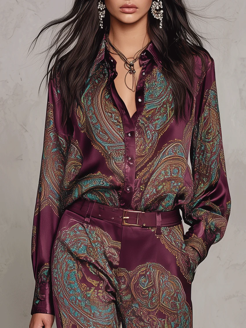 Inès | Ensemble Deux Pièces Chemise Satinée à Imprimé Cachemire et Pantalon Large avec Ceinture