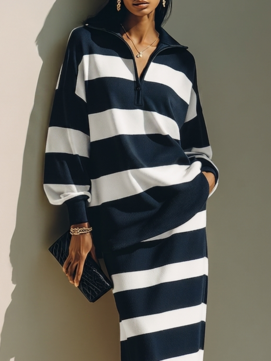 Léonide | Ensemble Deux Pièces Haut Polo Rayé à Demi-Zip et Jupe Midi, Marine