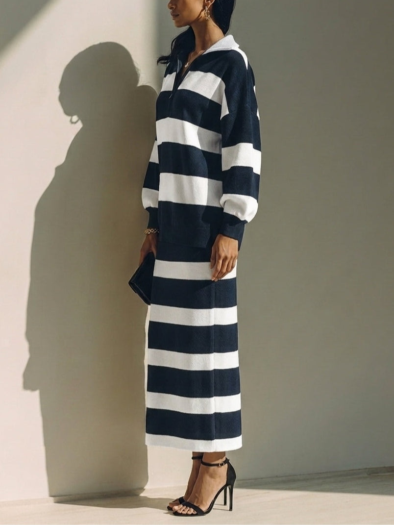 Léonide | Ensemble Deux Pièces Haut Polo Rayé à Demi-Zip et Jupe Midi, Marine