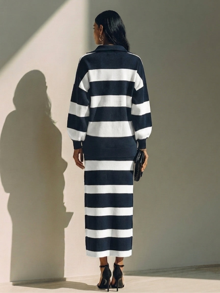 Léonide | Ensemble Deux Pièces Haut Polo Rayé à Demi-Zip et Jupe Midi, Marine