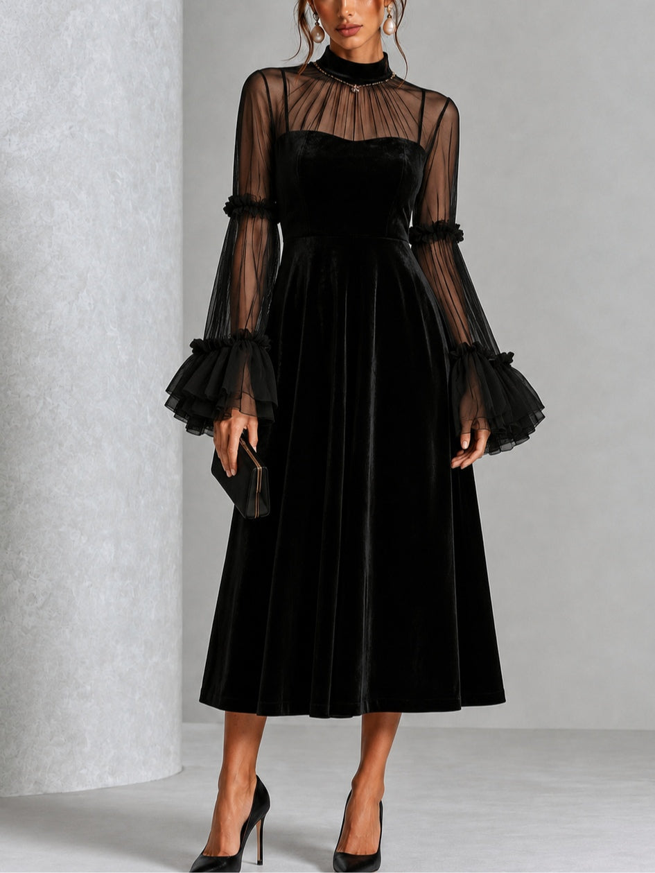 Odile | Robe Midi en Velours et Mesh Transparent Plissée, Noir