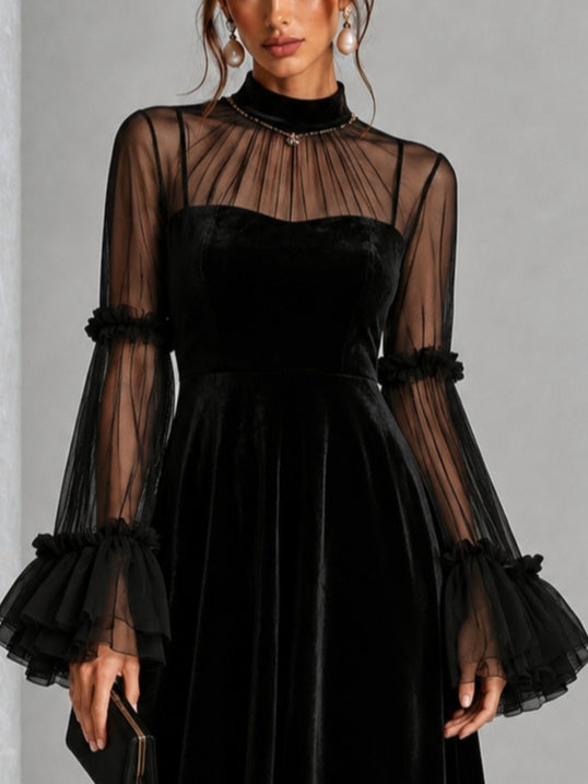 Odile | Robe Midi en Velours et Mesh Transparent Plissée, Noir