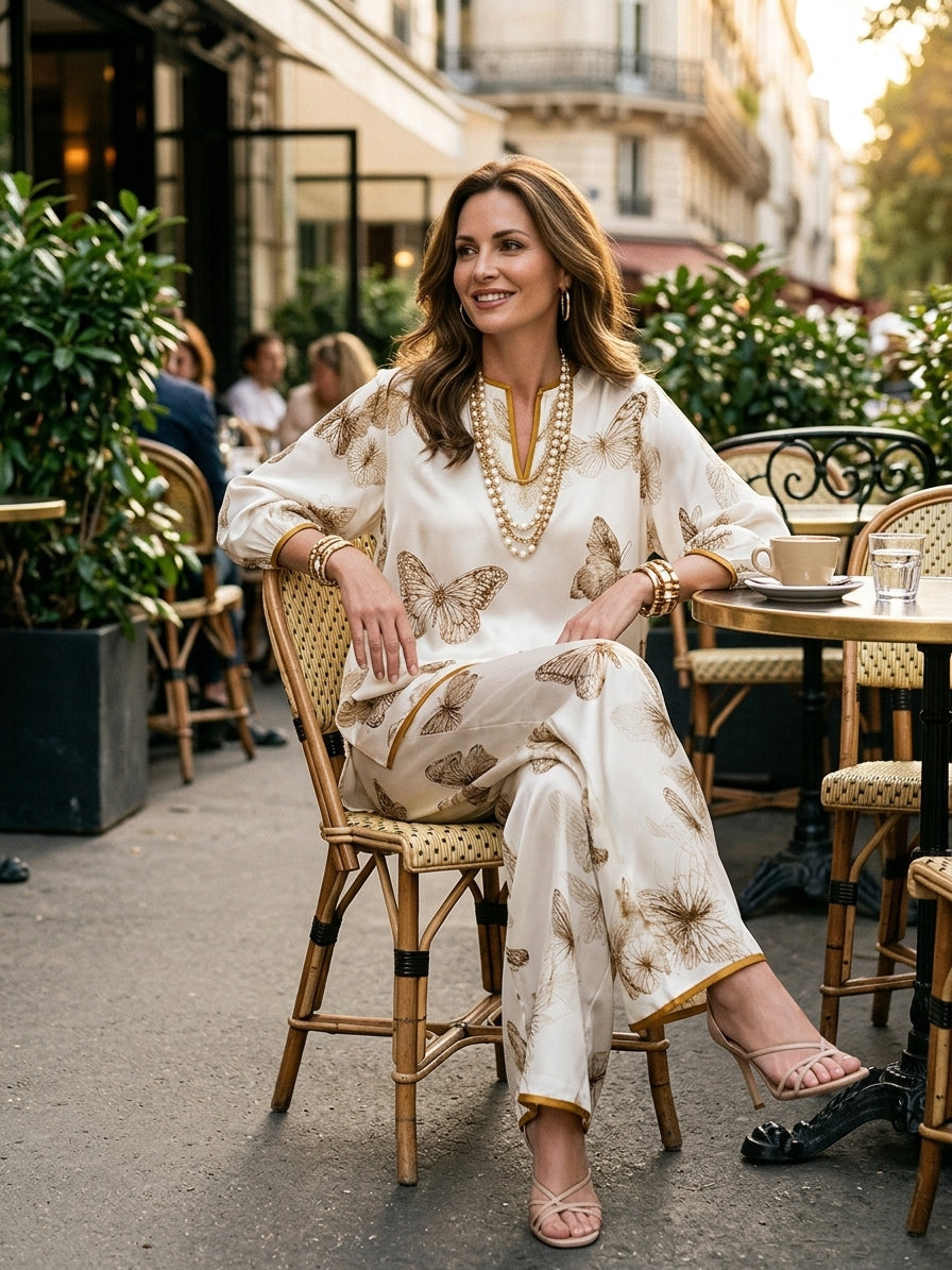 Blanchefleur | Ensemble Deux Pièces Haut Satiné Col V à Imprimé Papillons et Pantalon Large, Ivoire